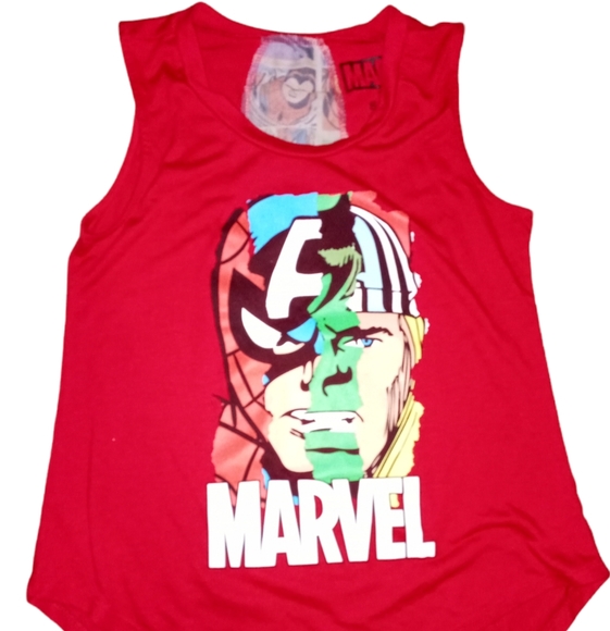 Junior Sz 3-5 Small Marvel Superheroes Mashup Tank w/Sheer Back in Red - Picture 1 of 3
